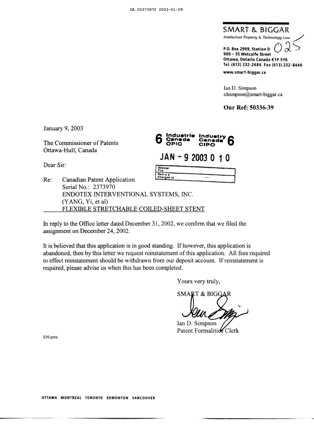 Document de brevet canadien 2373970. Cession 20030109. Image 1 de 1