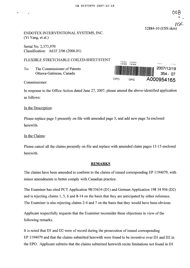 Document de brevet canadien 2373970. Poursuite-Amendment 20071219. Image 1 de 7