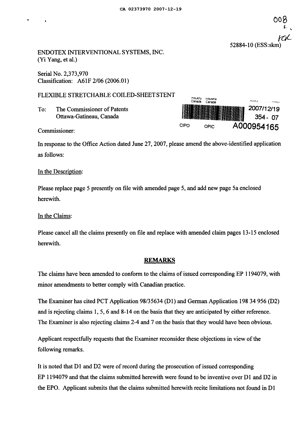 Canadian Patent Document 2373970. Prosecution-Amendment 20071219. Image 1 of 7