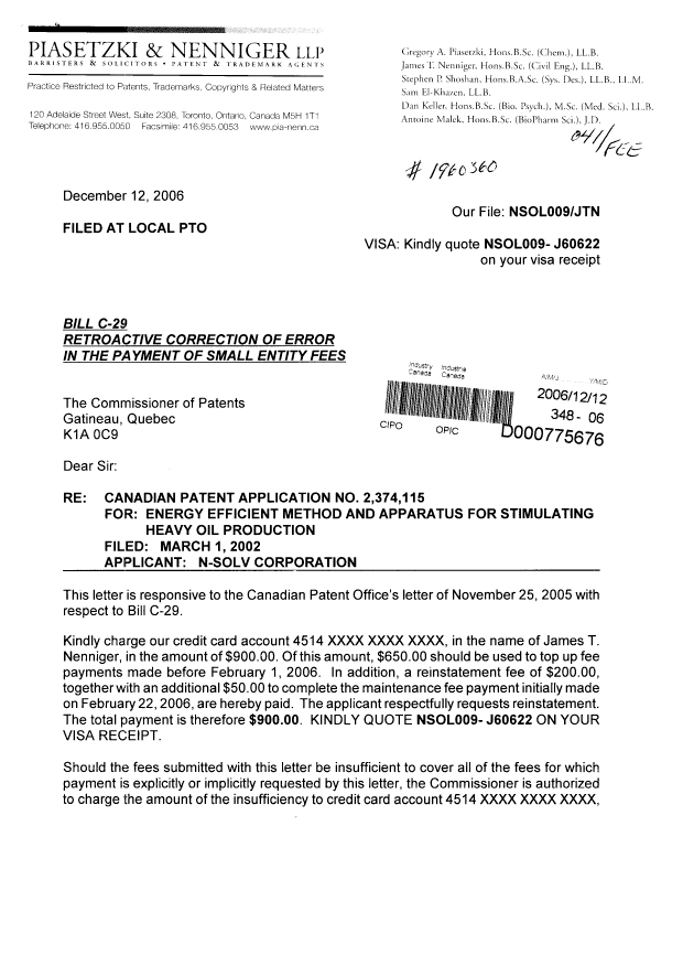 Document de brevet canadien 2374115. Taxes 20061212. Image 1 de 2