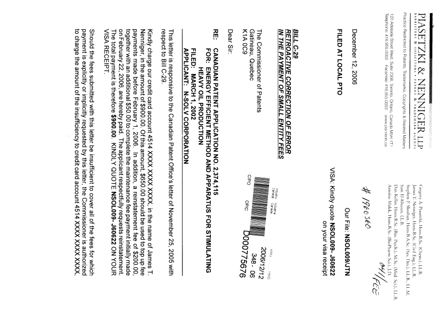Canadian Patent Document 2374115. Fees 20061212. Image 1 of 2
