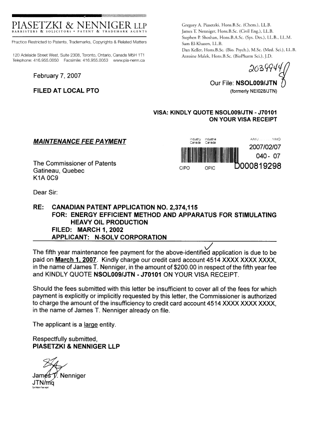 Document de brevet canadien 2374115. Taxes 20070207. Image 1 de 1