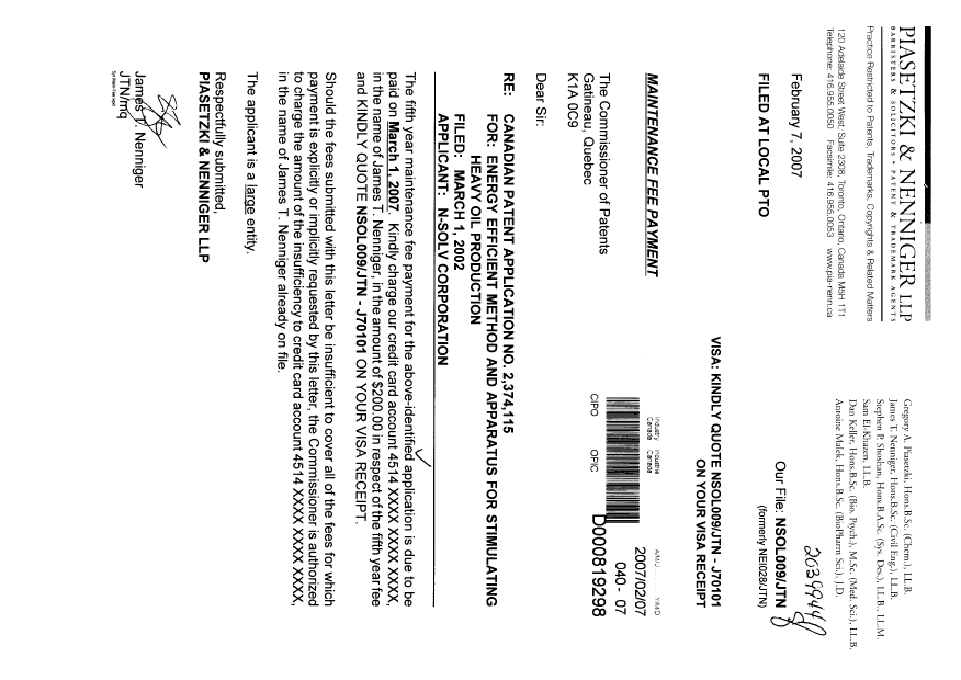Canadian Patent Document 2374115. Fees 20070207. Image 1 of 1