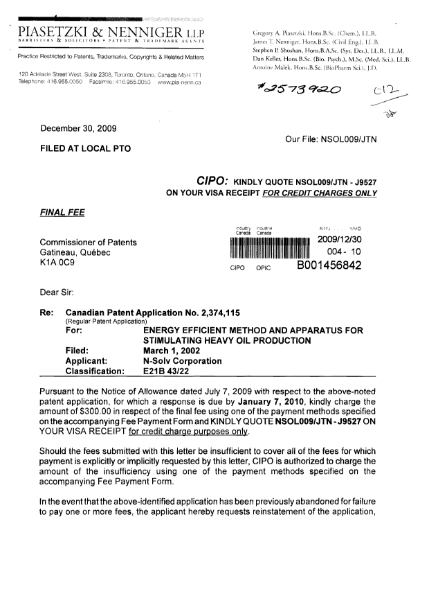 Canadian Patent Document 2374115. Correspondence 20091230. Image 1 of 2