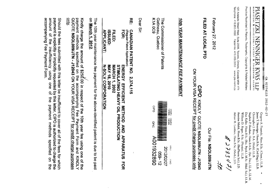 Canadian Patent Document 2374115. Fees 20120227. Image 1 of 2