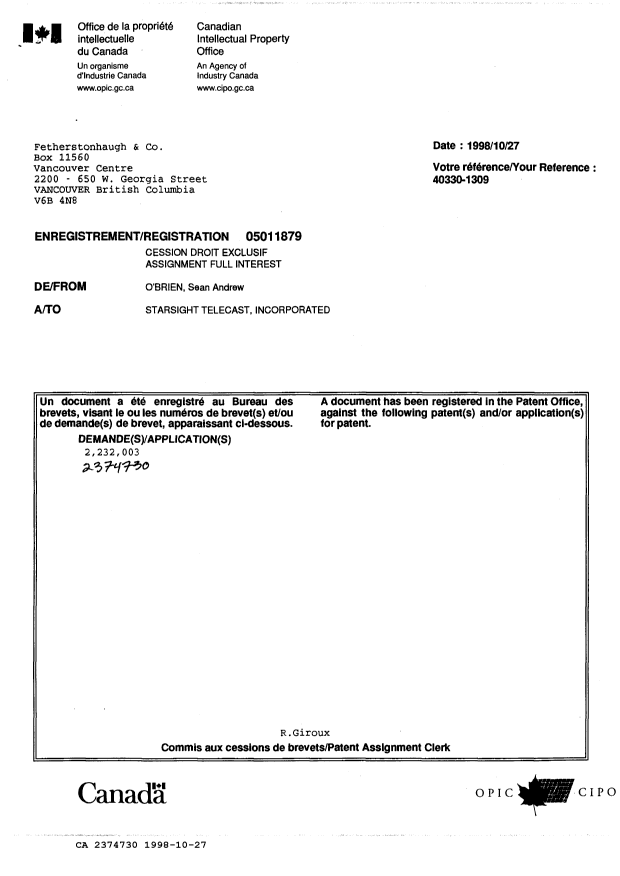 Document de brevet canadien 2374730. Cession 19971227. Image 1 de 6