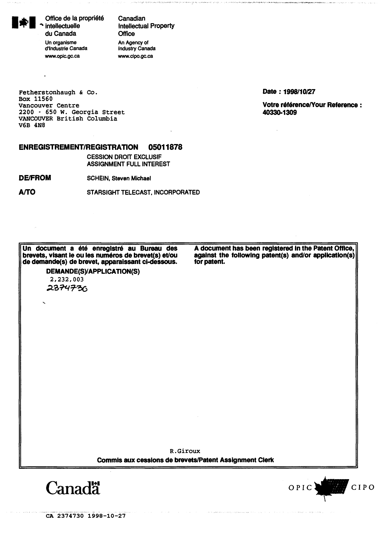 Document de brevet canadien 2374730. Cession 19971227. Image 1 de 6