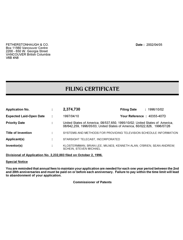 Document de brevet canadien 2374730. Correspondance 20011205. Image 1 de 1