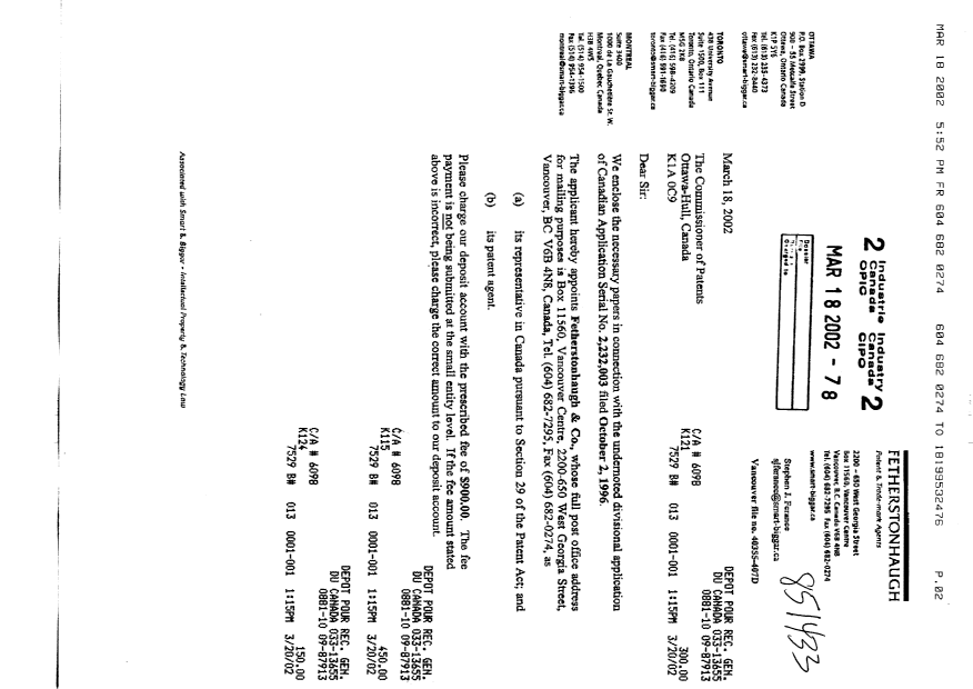 Document de brevet canadien 2374730. Cession 20011218. Image 1 de 4