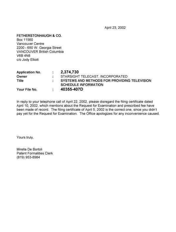 Canadian Patent Document 2374730. Correspondence 20011222. Image 1 of 1