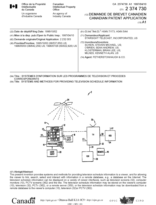 Document de brevet canadien 2374730. Page couverture 20011223. Image 1 de 1