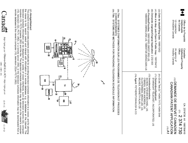 Document de brevet canadien 2374730. Page couverture 20011223. Image 1 de 1