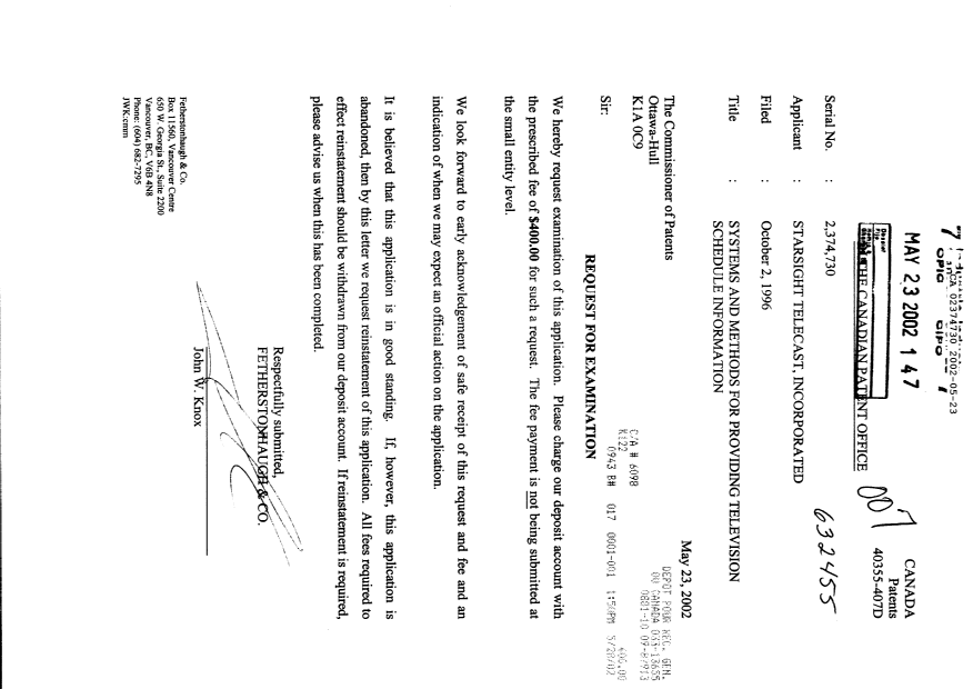 Canadian Patent Document 2374730. Prosecution-Amendment 20011223. Image 1 of 1