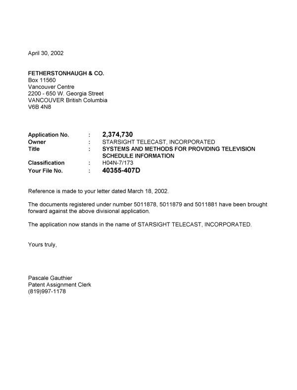 Document de brevet canadien 2374730. Correspondance 20011230. Image 1 de 1
