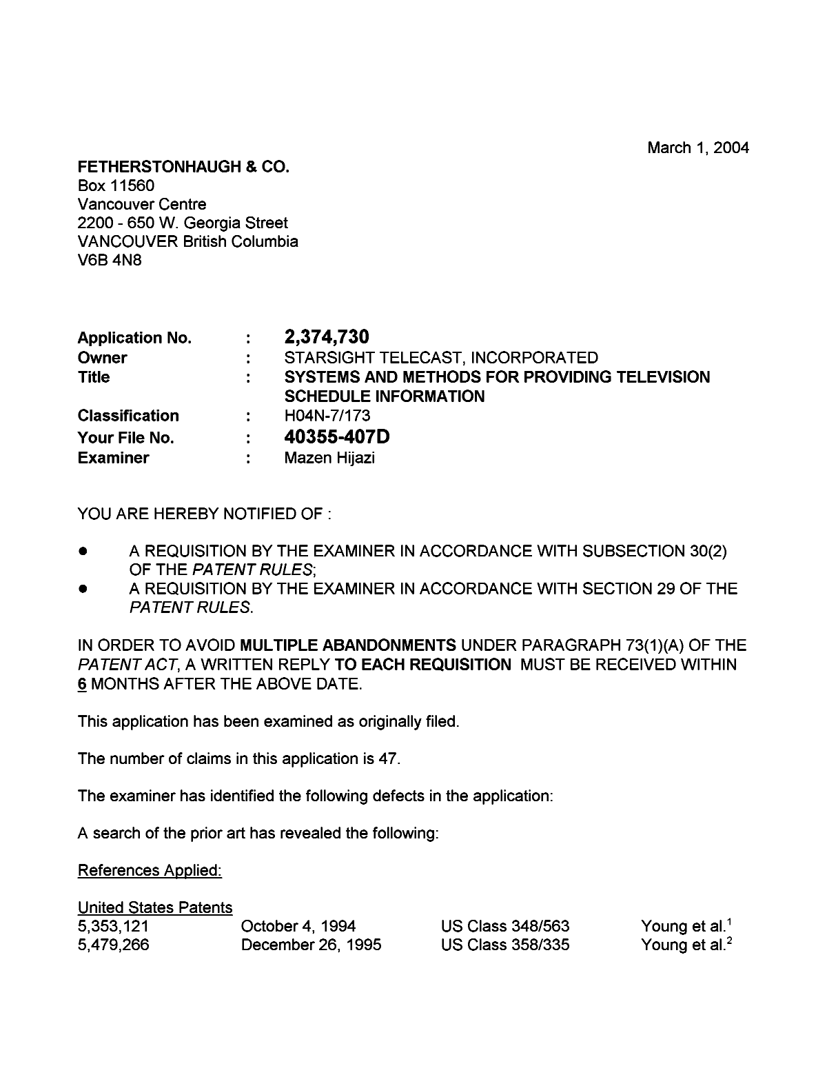 Canadian Patent Document 2374730. Prosecution-Amendment 20031201. Image 1 of 3