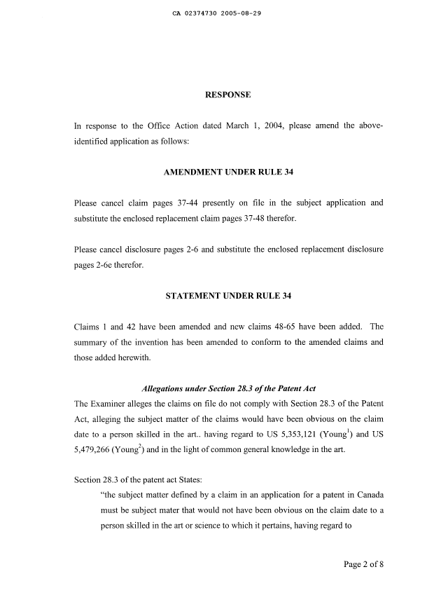 Document de brevet canadien 2374730. Poursuite-Amendment 20041229. Image 2 de 30