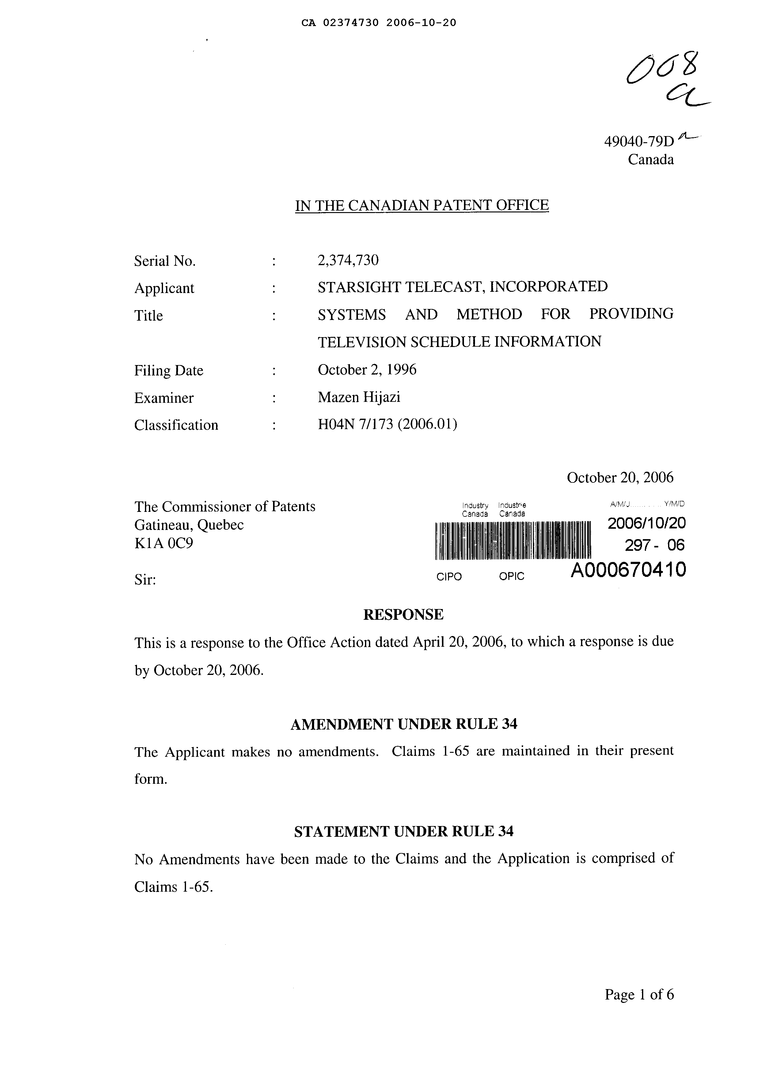 Document de brevet canadien 2374730. Poursuite-Amendment 20051220. Image 1 de 6
