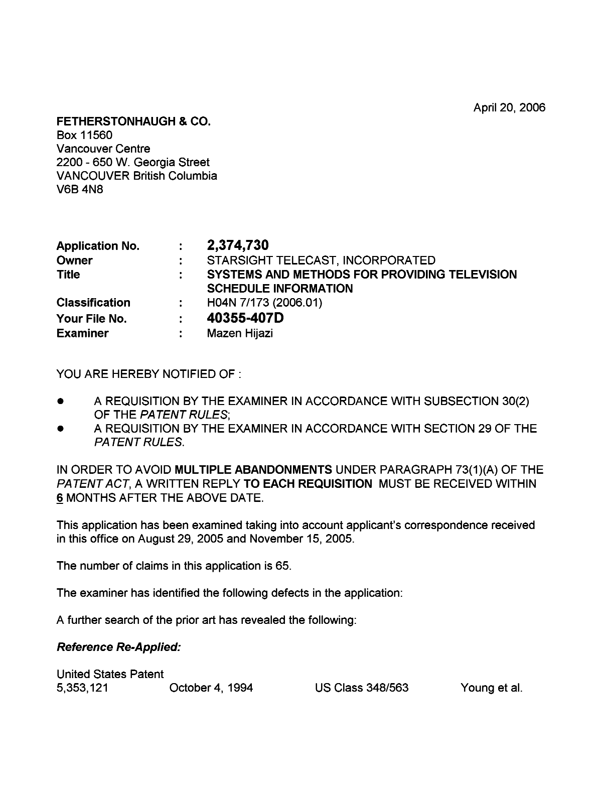 Document de brevet canadien 2374730. Poursuite-Amendment 20051220. Image 1 de 3