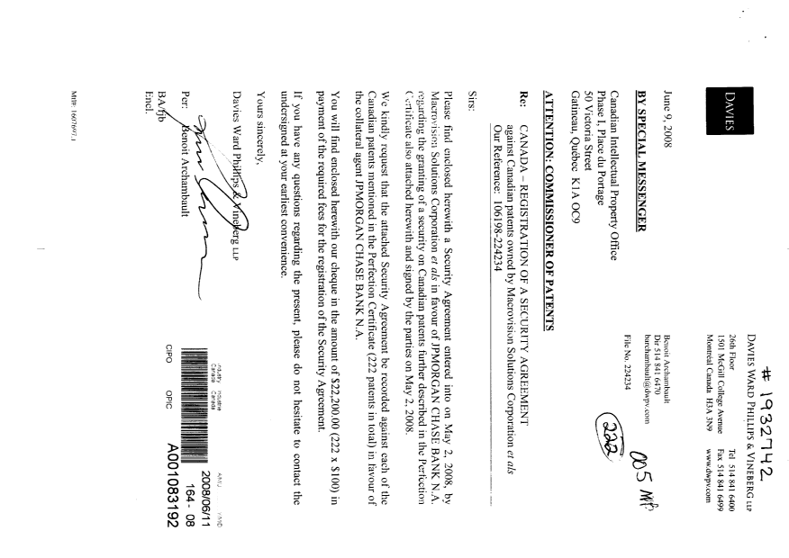 Document de brevet canadien 2374730. Cession 20071211. Image 1 de 210