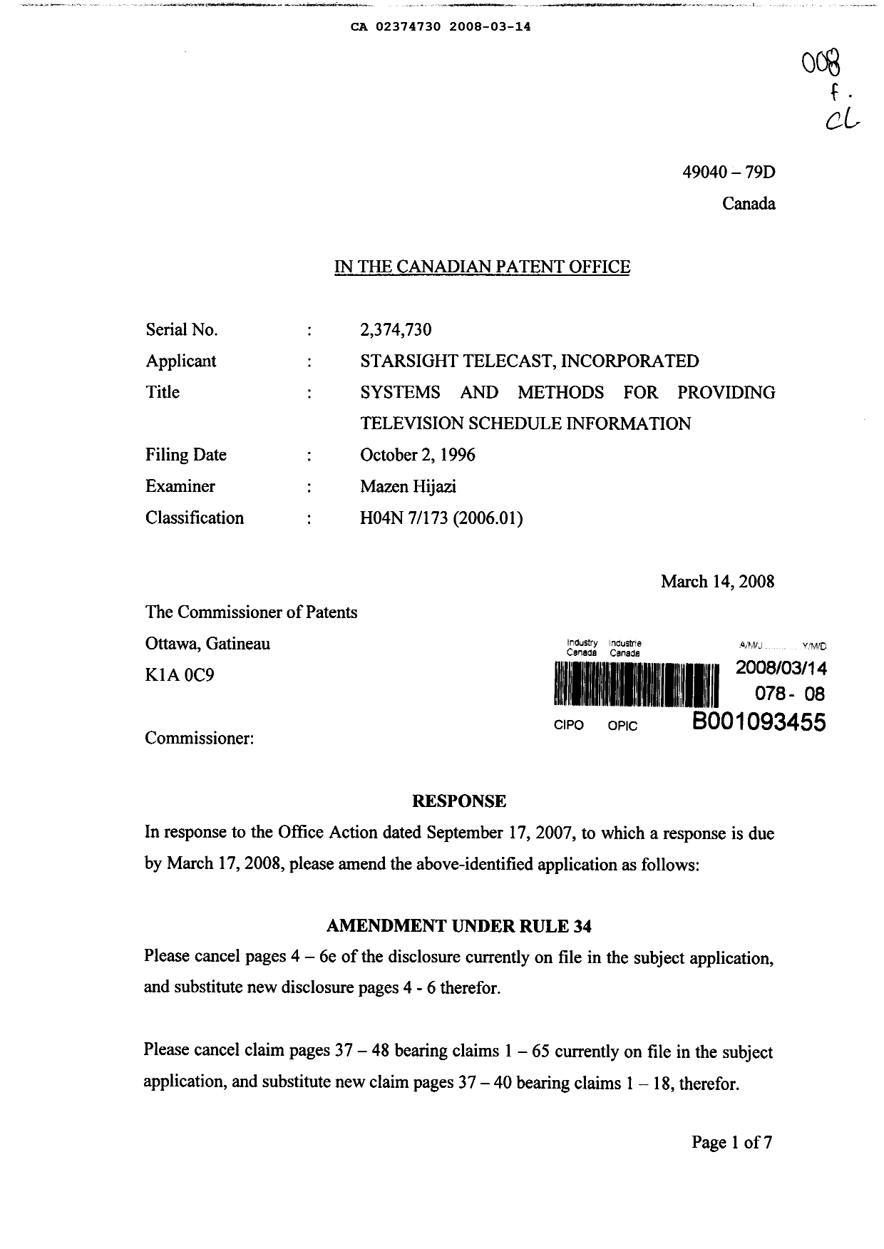 Document de brevet canadien 2374730. Poursuite-Amendment 20071214. Image 1 de 14