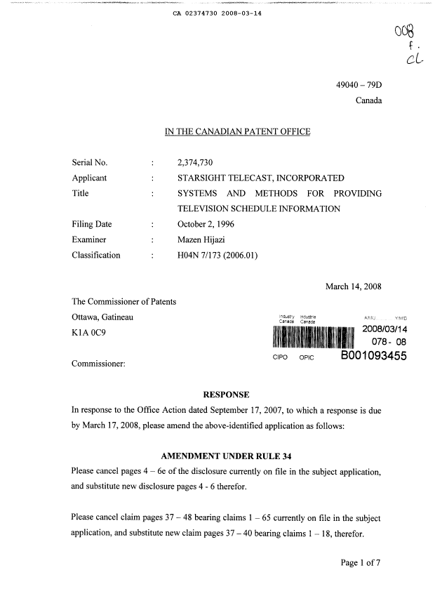 Document de brevet canadien 2374730. Poursuite-Amendment 20080314. Image 1 de 14