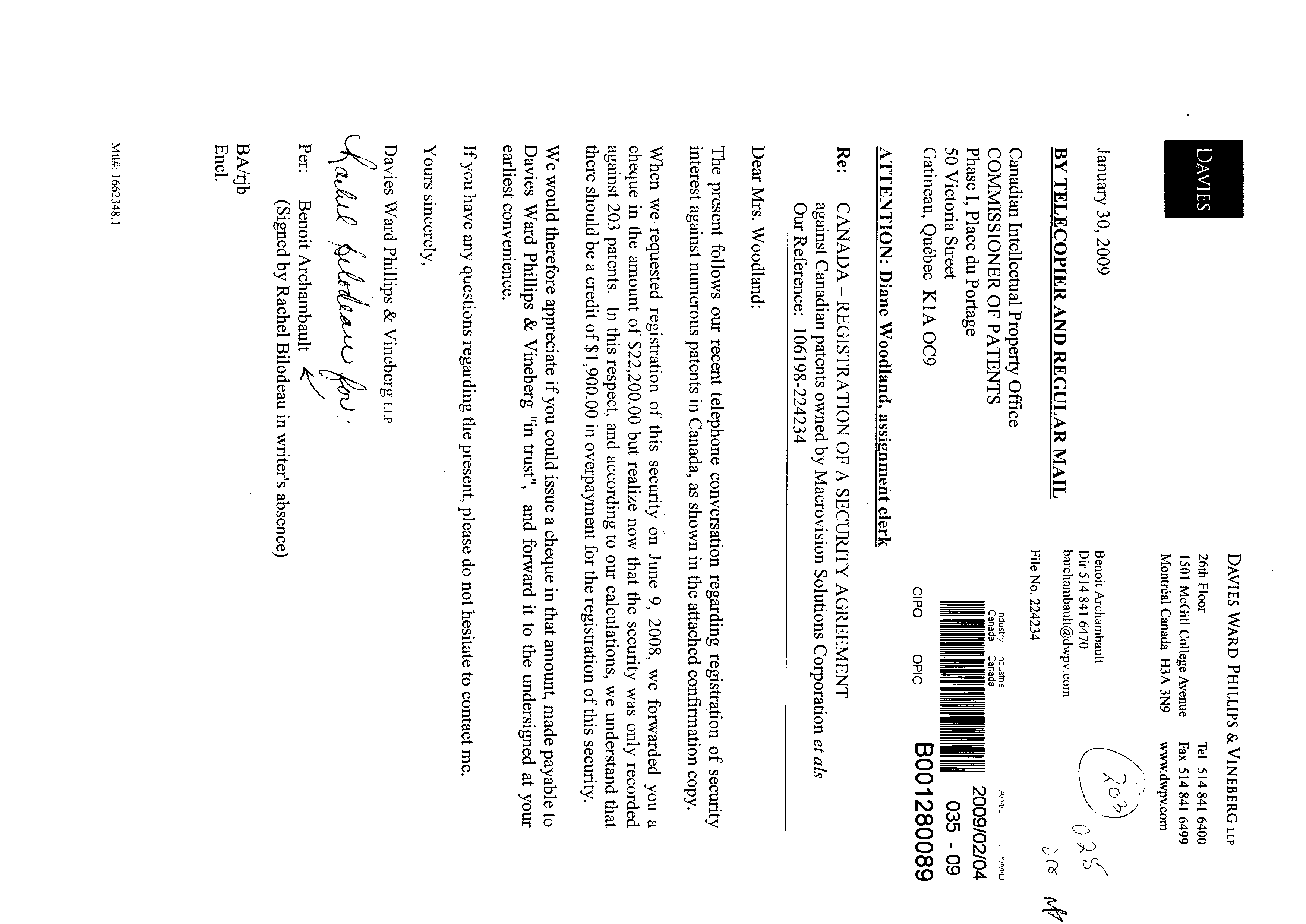 Document de brevet canadien 2374730. Cession 20081204. Image 1 de 3