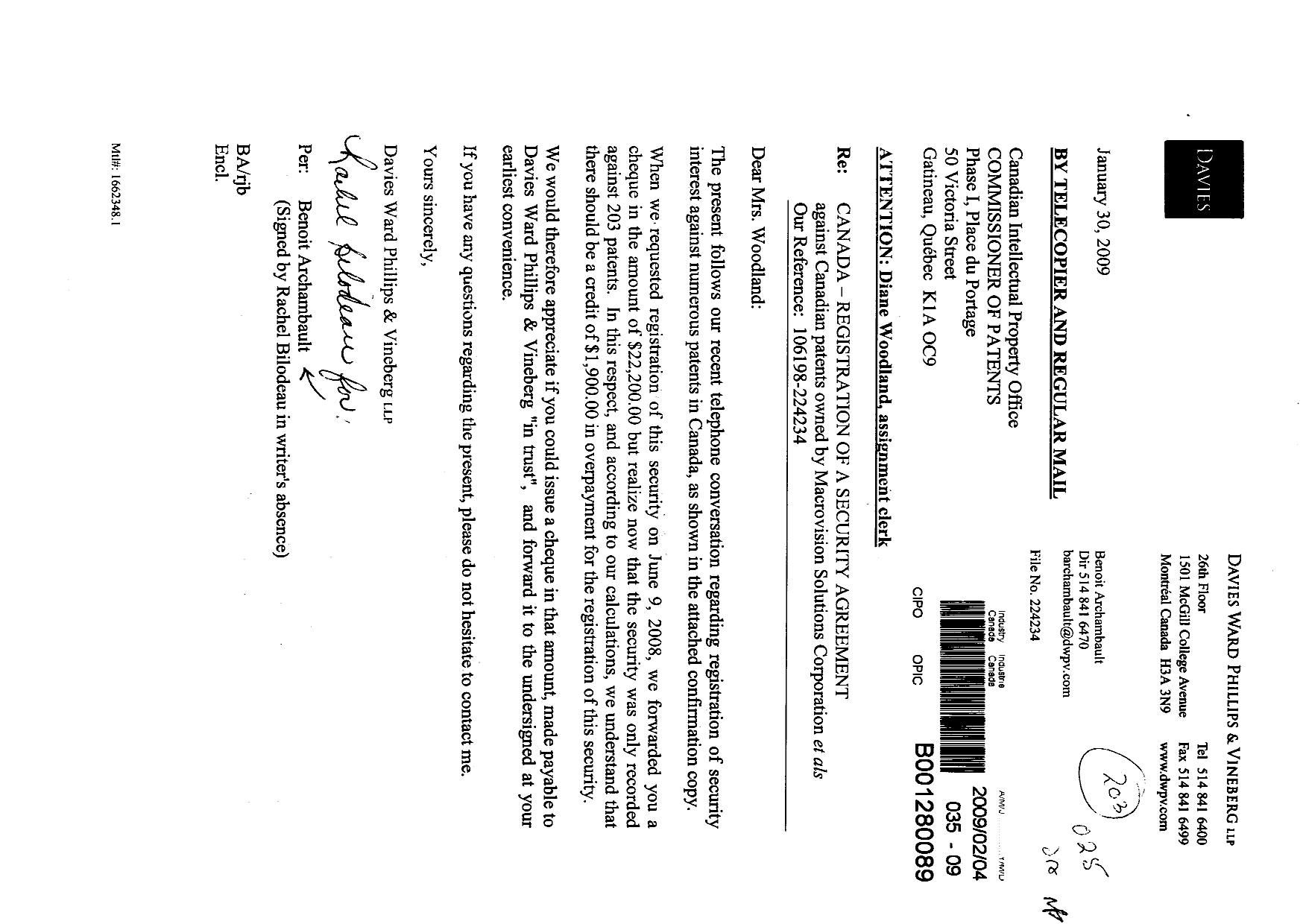 Document de brevet canadien 2374730. Cession 20081204. Image 1 de 3