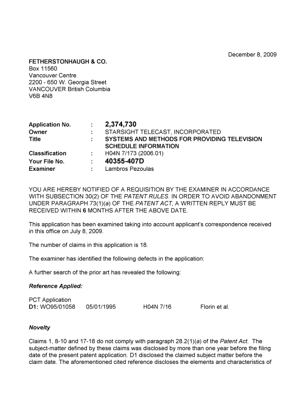 Canadian Patent Document 2374730. Prosecution-Amendment 20081208. Image 1 of 5
