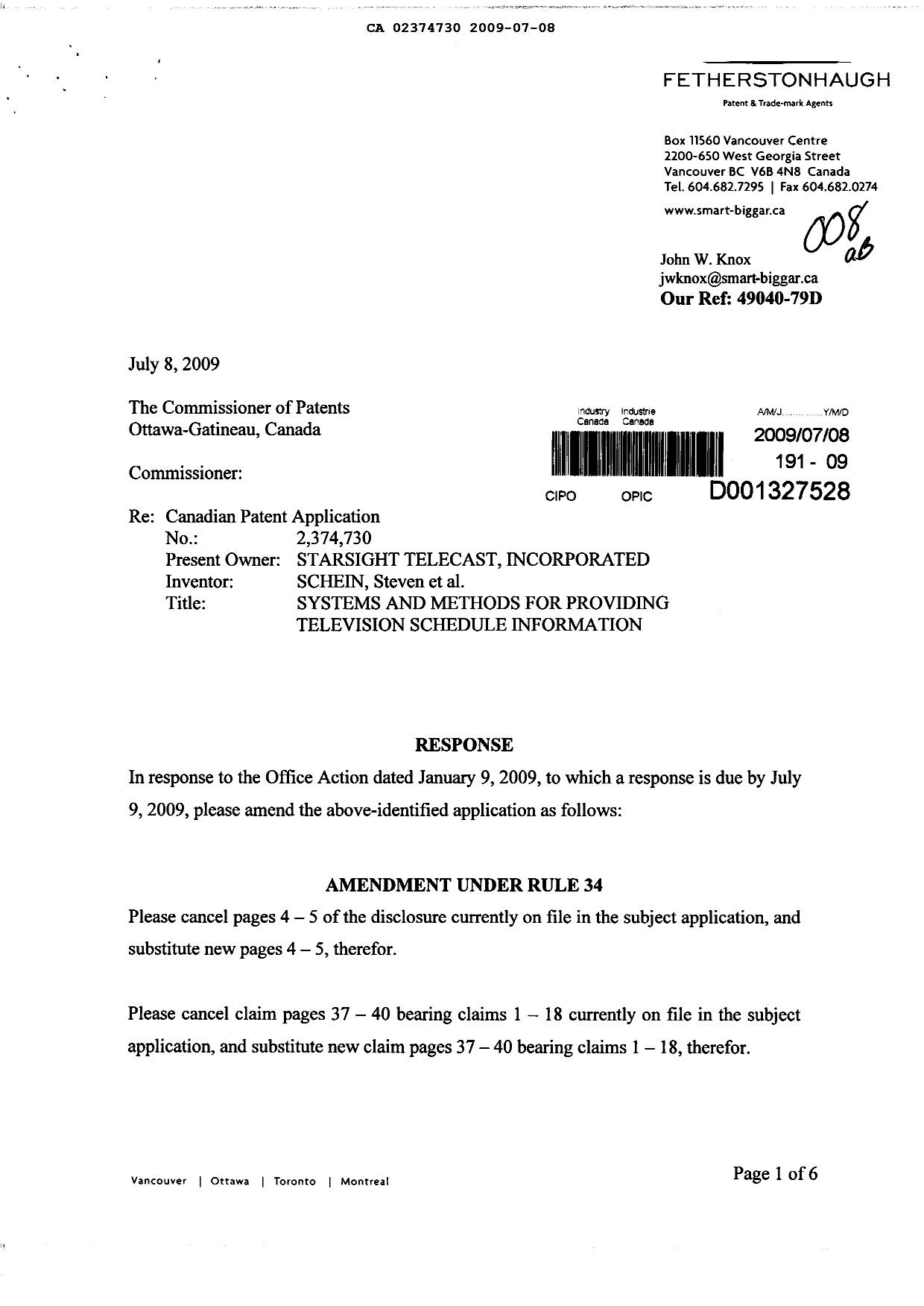 Canadian Patent Document 2374730. Prosecution-Amendment 20081208. Image 1 of 12