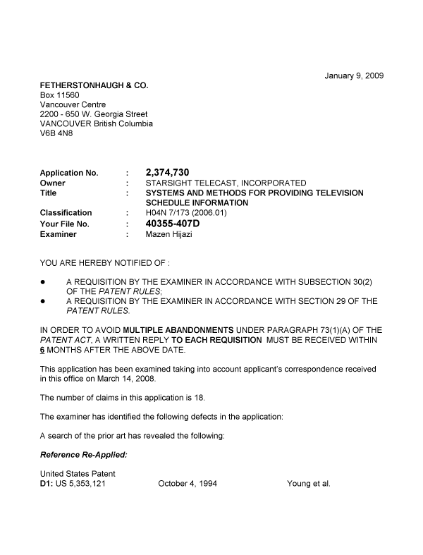 Document de brevet canadien 2374730. Poursuite-Amendment 20081209. Image 1 de 3