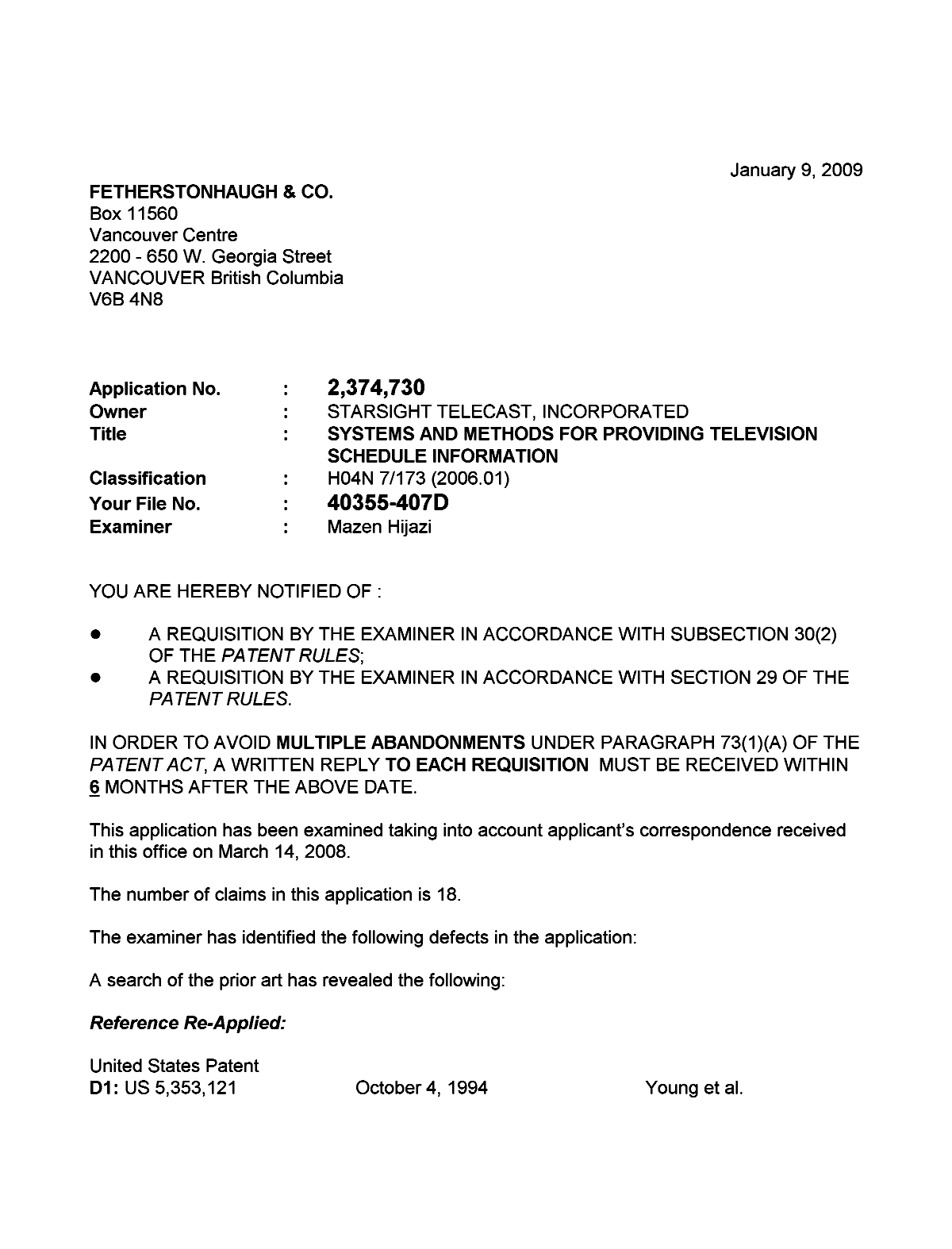 Document de brevet canadien 2374730. Poursuite-Amendment 20081209. Image 1 de 3