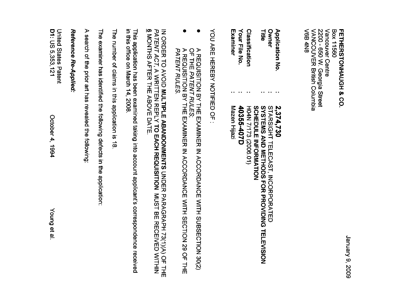 Canadian Patent Document 2374730. Prosecution-Amendment 20081209. Image 1 of 3