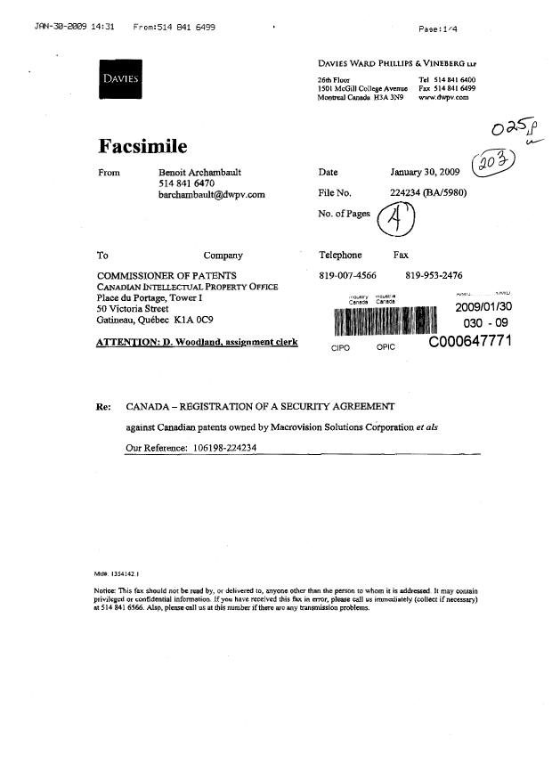 Canadian Patent Document 2374730. Assignment 20081230. Image 1 of 4