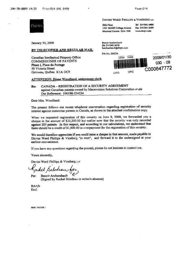 Document de brevet canadien 2374730. Cession 20081230. Image 2 de 4