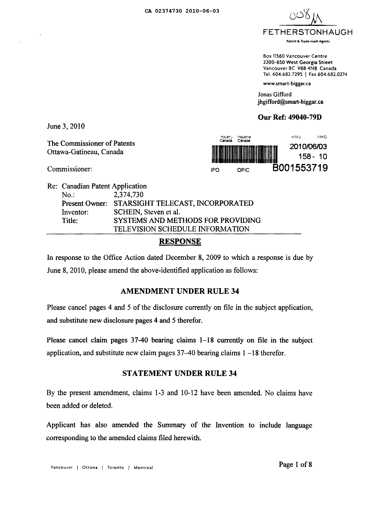 Document de brevet canadien 2374730. Poursuite-Amendment 20091203. Image 1 de 14