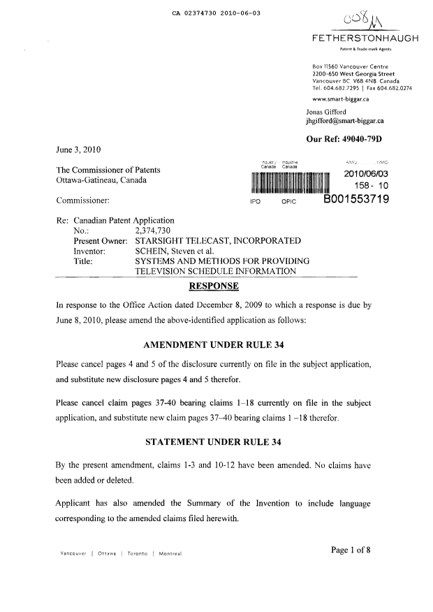 Document de brevet canadien 2374730. Poursuite-Amendment 20100603. Image 1 de 14