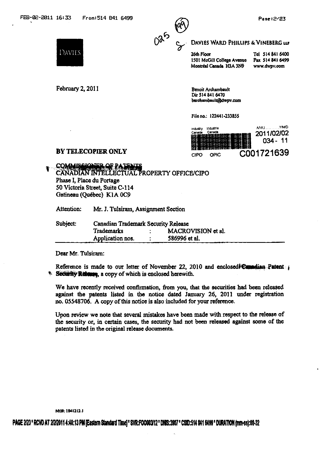 Document de brevet canadien 2374730. Cession 20101202. Image 1 de 23