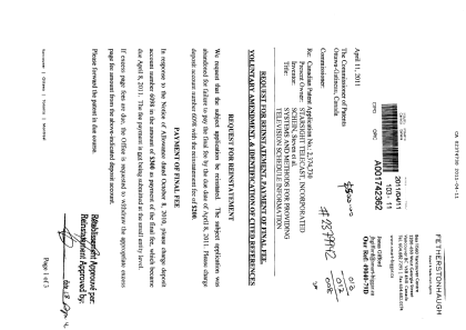 Document de brevet canadien 2374730. Correspondance 20101211. Image 1 de 3