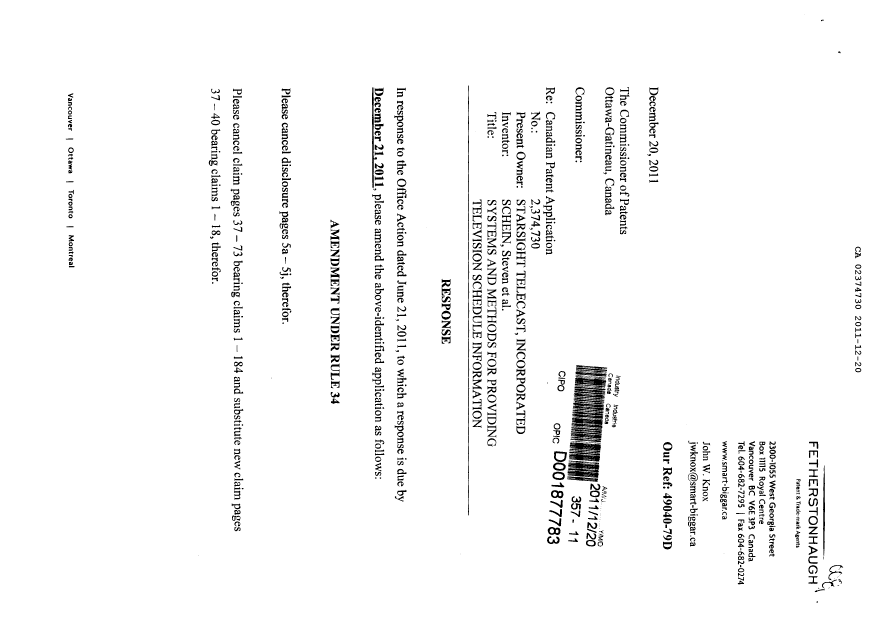 Canadian Patent Document 2374730. Prosecution-Amendment 20101220. Image 1 of 8