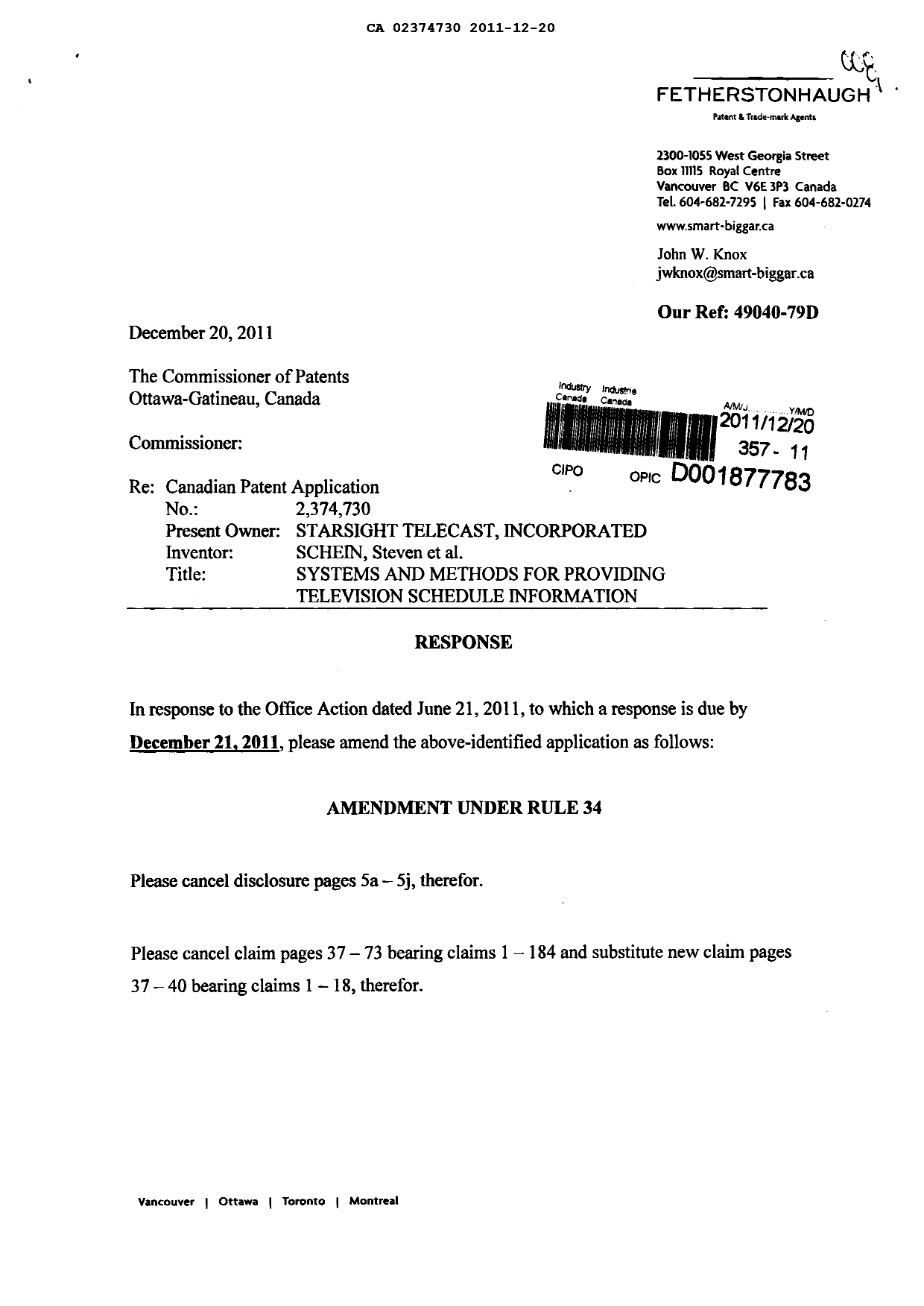 Document de brevet canadien 2374730. Poursuite-Amendment 20101220. Image 1 de 8