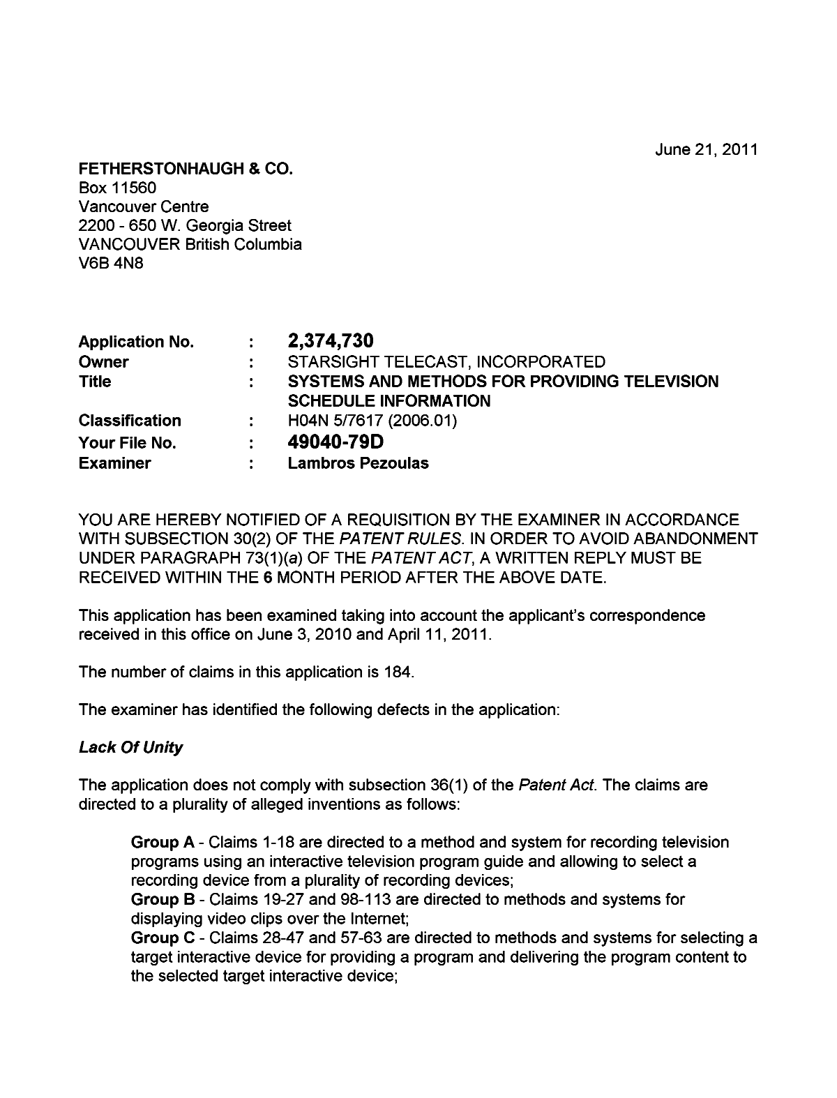 Canadian Patent Document 2374730. Prosecution-Amendment 20101221. Image 1 of 2