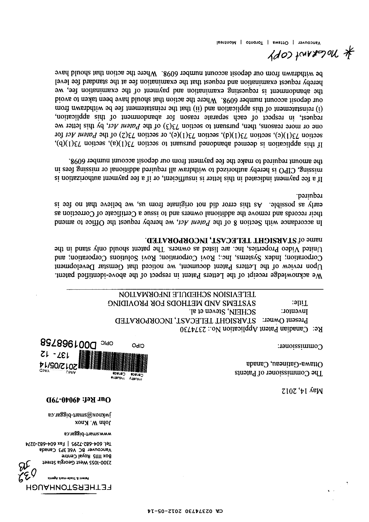 Document de brevet canadien 2374730. Correspondance 20111214. Image 1 de 2