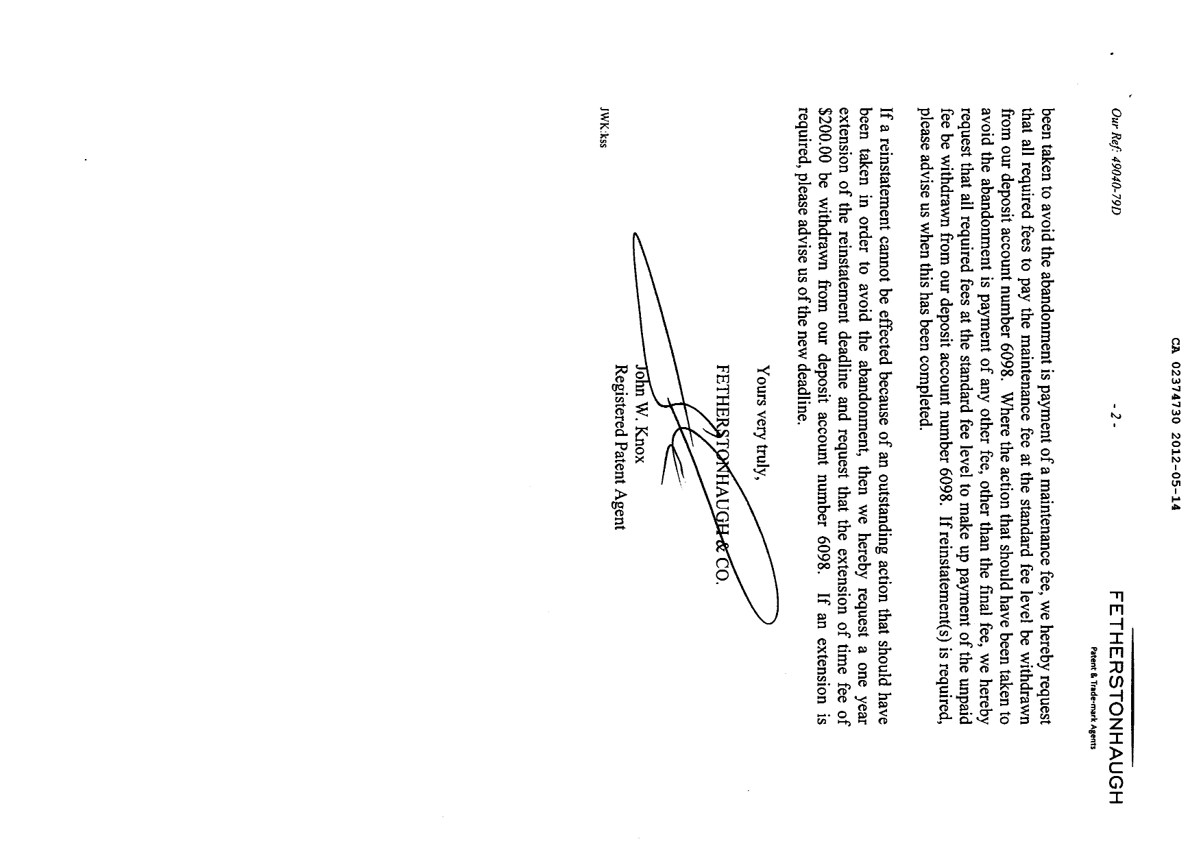 Canadian Patent Document 2374730. Correspondence 20111214. Image 2 of 2