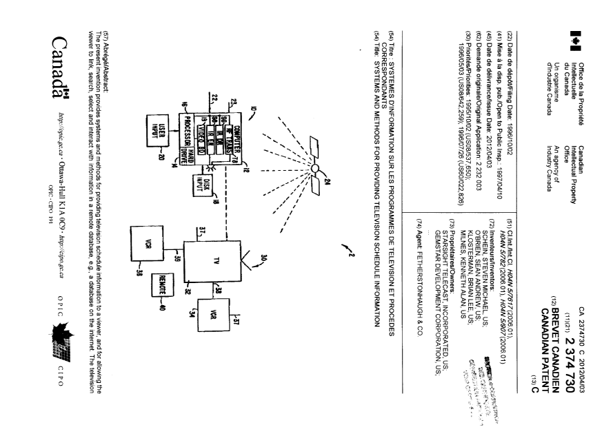 Document de brevet canadien 2374730. Page couverture 20111231. Image 1 de 3
