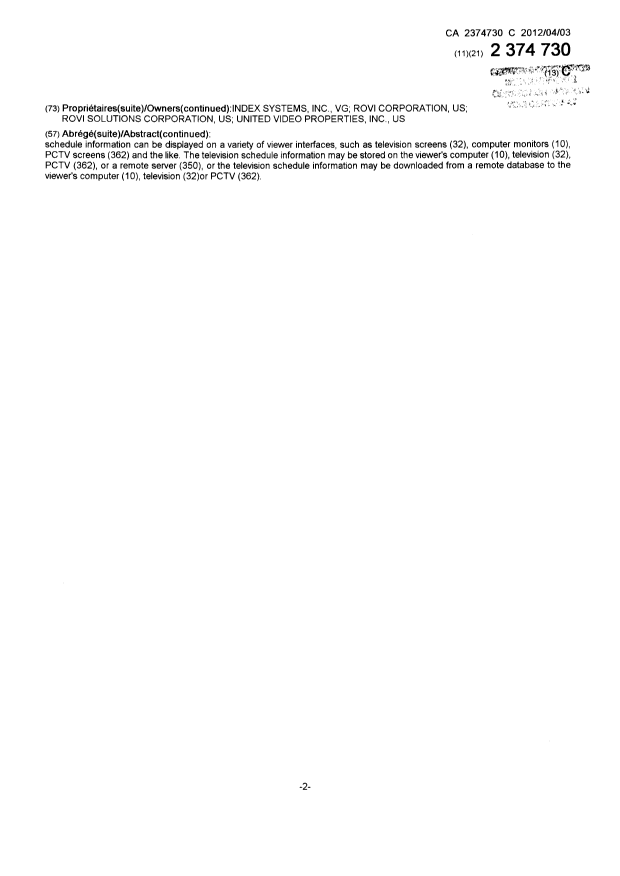 Document de brevet canadien 2374730. Page couverture 20111231. Image 2 de 3