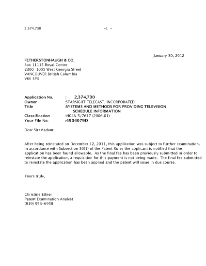 Document de brevet canadien 2374730. Correspondance 20120130. Image 1 de 1