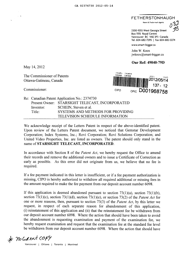 Document de brevet canadien 2374730. Correspondance 20120514. Image 1 de 2