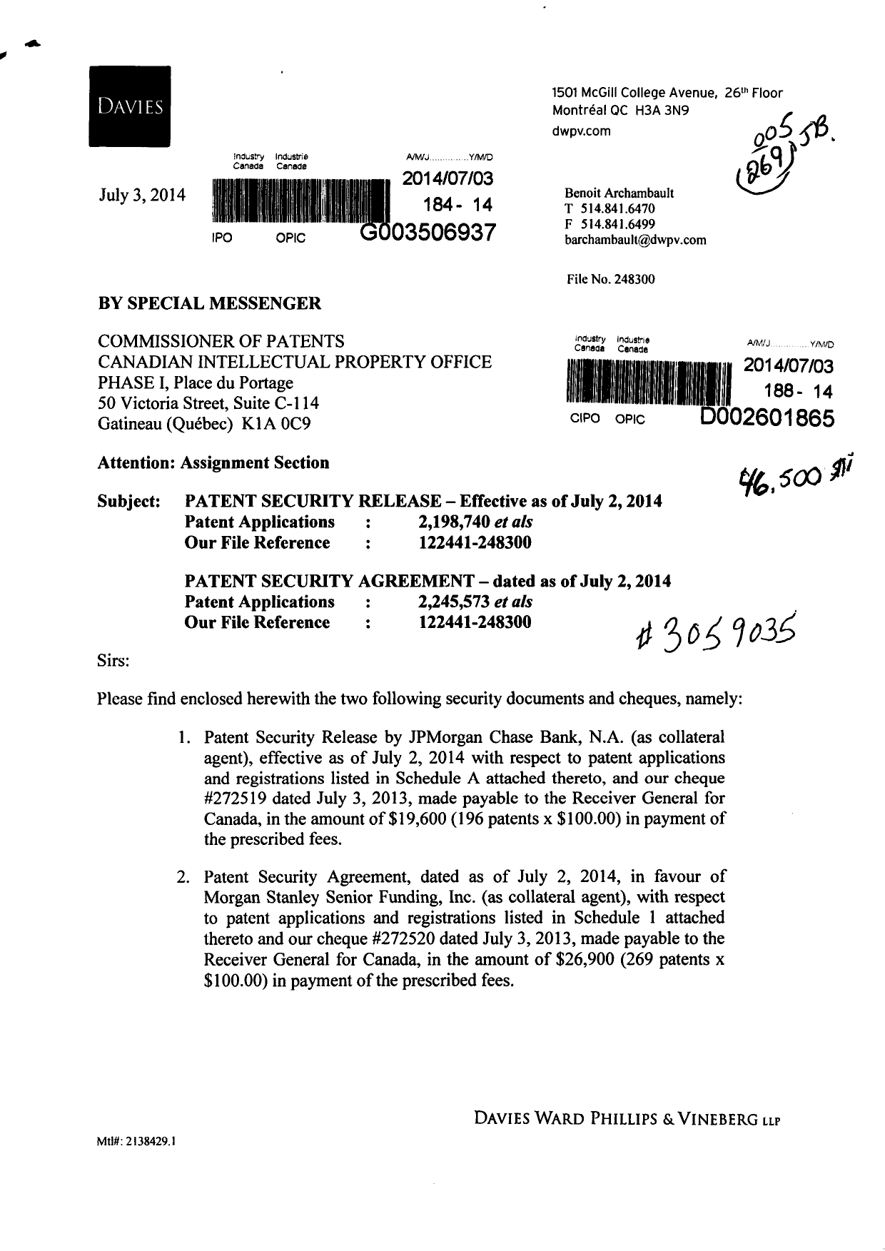 Document de brevet canadien 2374730. Cession 20131203. Image 1 de 22
