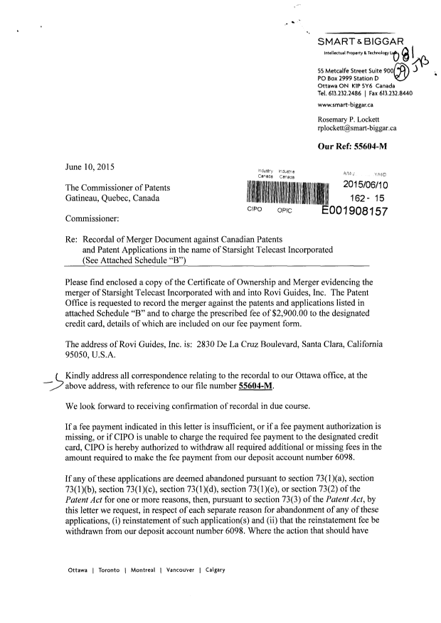 Document de brevet canadien 2374730. Cession 20141210. Image 1 de 9