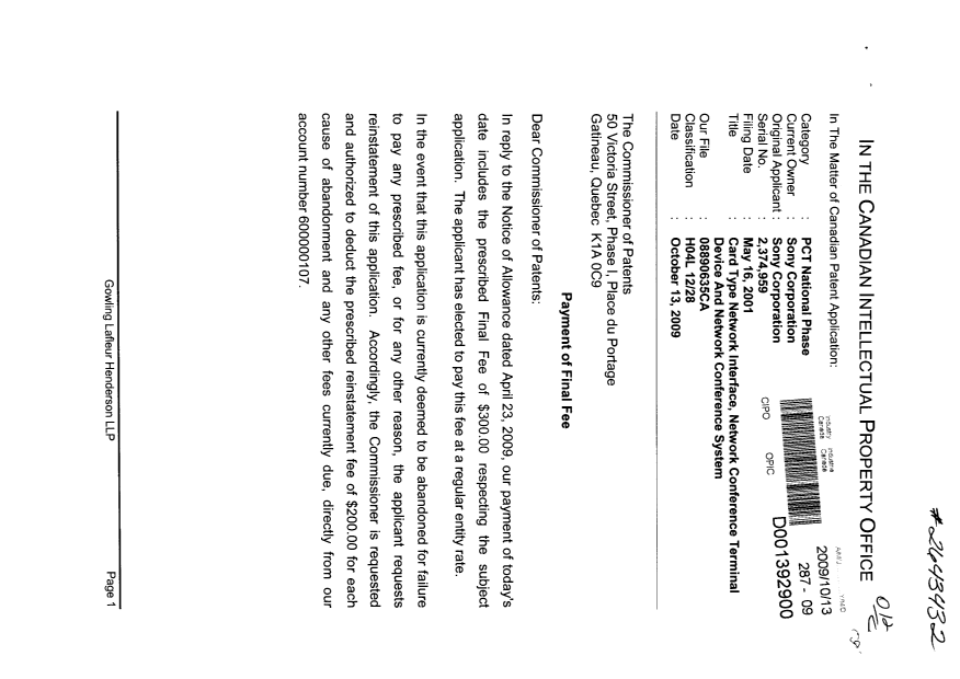 Canadian Patent Document 2374959. Correspondence 20091013. Image 1 of 2